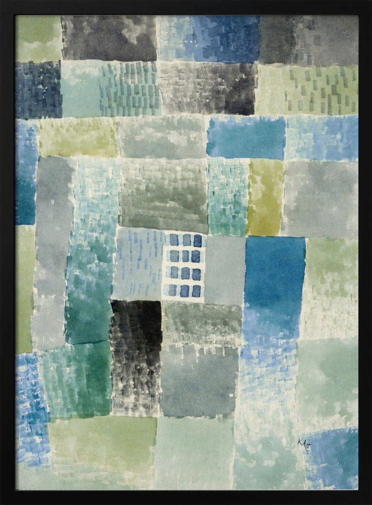 An abstract watercolor painting composed of a grid of rectangular patches in various shades of blue, green, and grey. The patches have a textured, layered appearance, and near the center is a small, distinct grid of blue squares resembling a window. The artist's signature is visible in the bottom right corner. Print