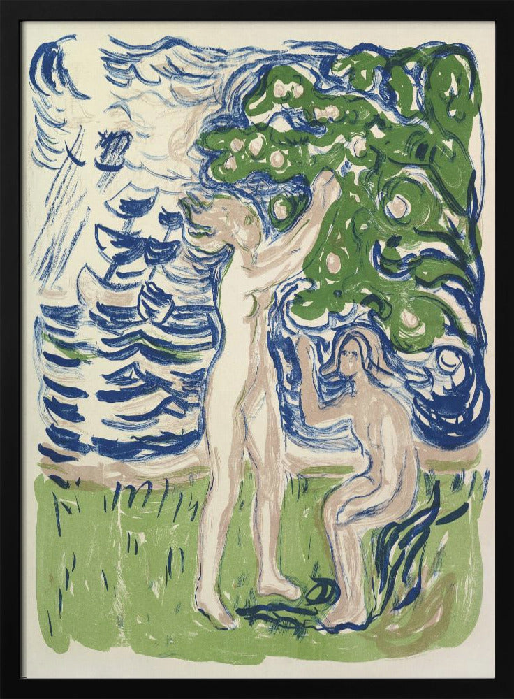An expressionist woodcut print depicting two nude figures in a stylized natural setting. One figure stands, reaching up into a large green tree with fruit, while the other kneels on the ground. The background consists of a body of water with bold, blue, wavy lines. The artwork uses a limited color palette of blue, green, and pale flesh tones on a cream background. Wall Art