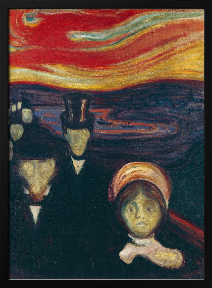 A vertical painting by Edvard Munch titled 'Anxiety,' depicting a crowd of pale, ghostly figures with anxious expressions under a turbulent, fiery red and orange sky. The figures in the foreground are dressed in dark formal wear, creating a stark contrast with the vibrant, unsettling sunset. Print