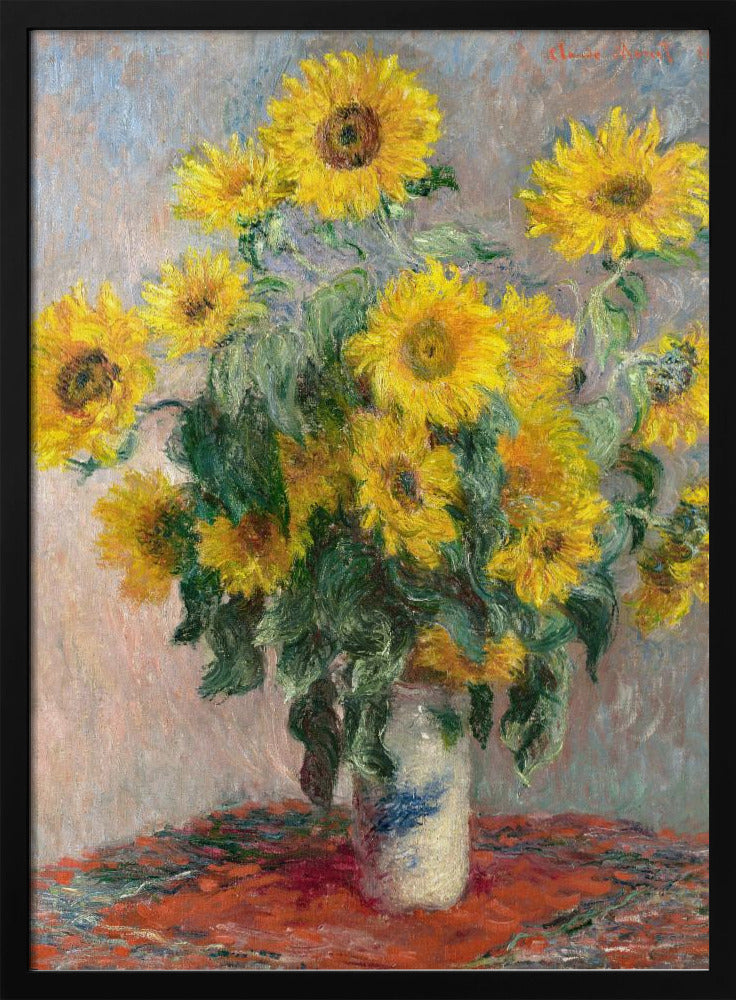An Impressionist painting by Claude Monet titled 'Bouquet of Sunflowers'. The artwork features a vibrant bouquet of yellow sunflowers in a white and blue patterned vase, set upon a red tablecloth against a muted, textured blue-grey background. The piece is characterized by thick, visible brushstrokes and is displayed in a simple black frame. Poster