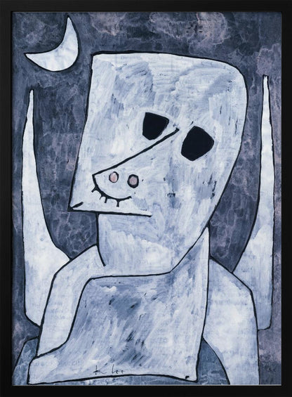 An abstract painting of a stylized, angel-like figure in shades of light blue and white with black outlines. The figure has a large, blocky head with empty black eyes, a triangular nose, and appears to have wings. The background is a dark, mottled blue-grey with a white crescent moon in the upper left corner. Decor