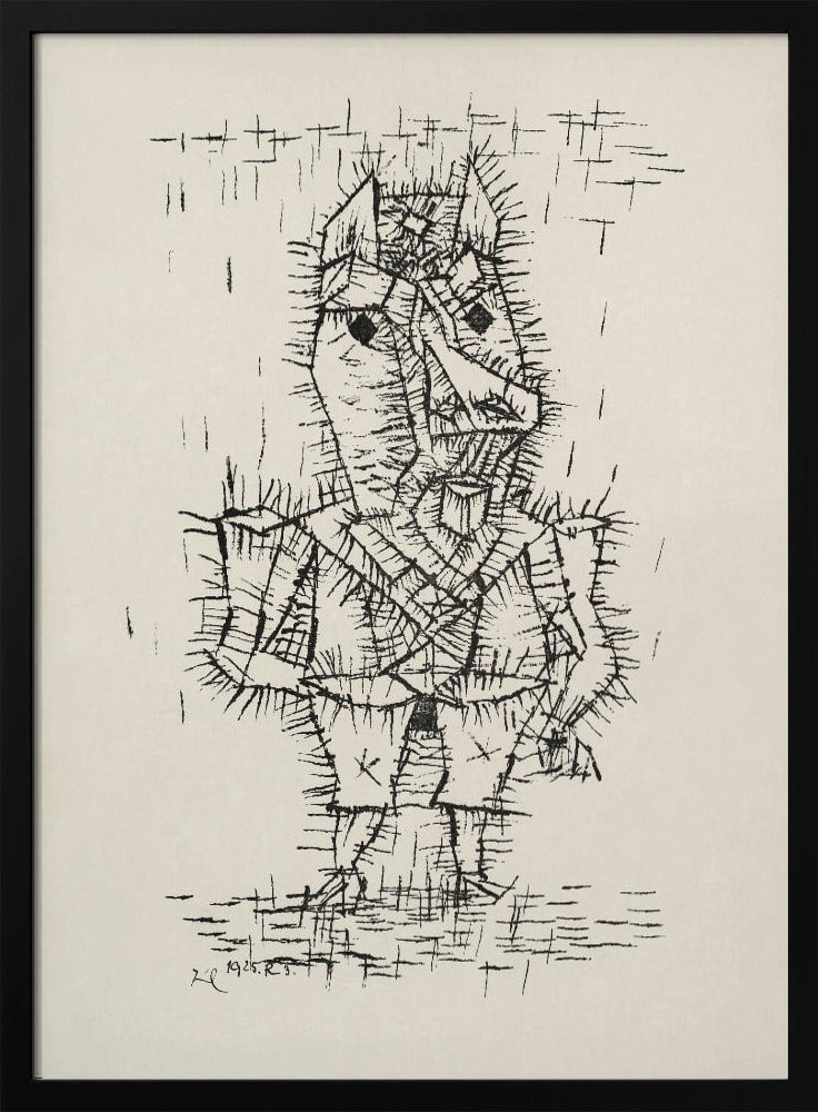 A framed black and white abstract ink drawing by Paul Klee from 1925. The artwork features a stylized, angular figure of a man rendered with short, spiky, and dense black lines, giving it a thorny texture. The figure stands on a similarly textured ground, against a stark, off-white background with a few scattered lines. Artwork