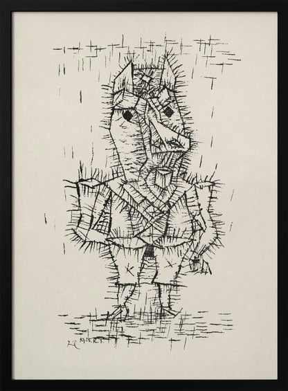 A framed black and white abstract ink drawing by Paul Klee from 1925. The artwork features a stylized, angular figure of a man rendered with short, spiky, and dense black lines, giving it a thorny texture. The figure stands on a similarly textured ground, against a stark, off-white background with a few scattered lines. Artwork