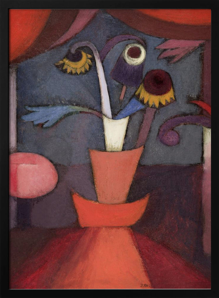 An abstract still life painting of bizarre, whimsical flowers in an orange vase. The flowers are purple, yellow, and blue with surreal, eye-like shapes, set against a moody dark blue background framed by rich red and purple shapes. Print