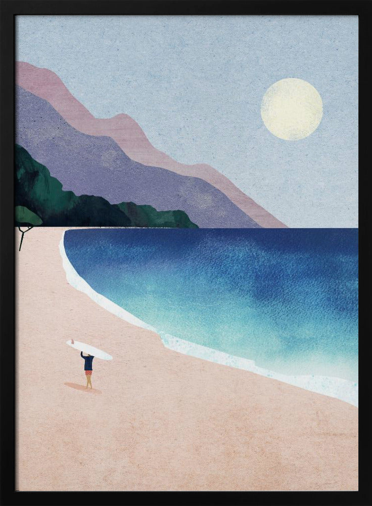 A minimalist illustration of a lone surfer standing on a vast pink sand beach, holding a surfboard above their head. The turquoise and blue ocean waves gently roll onto the shore, with layered purple and pink mountains in the background under a pale yellow sun and a light blue sky. Wall Art