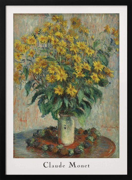 A framed poster of Claude Monet's impressionist painting 'Jerusalem Artichoke Flowers' from 1880. The artwork features a large, overflowing bouquet of bright yellow flowers in a light-colored vase, set upon a reddish-brown table. Artwork