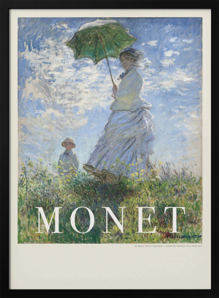 A vintage art poster of Claude Monet's impressionist painting, 'Woman with a Parasol - Madame Monet and Her Son.' It depicts a woman in a white dress holding a green parasol on a grassy hill against a blue, cloud-filled sky, with her son visible in the background. The text 'MONET' is prominently displayed at the bottom. Wall Art