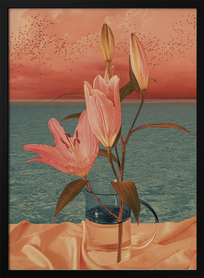 A surrealist artwork depicting pink lilies in a clear glass pitcher set against a backdrop of a calm blue ocean and a dusky pink sunset sky filled with a flock of birds. Artwork