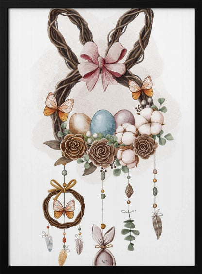 A watercolor illustration of a bohemian-style Easter decoration featuring a wreath made of woven twigs shaped like bunny ears, adorned with a pink bow. The base of the wreath holds colorful Easter eggs, brown roses, and cotton bolls, with butterflies perched on it. Dreamcatcher-like strands with beads, feathers, and a small bunny figure hang below. Wall Art