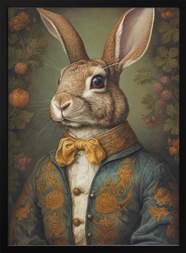 A classic portrait painting of a brown rabbit dressed as a gentleman. The rabbit wears a fancy blue-green jacket with gold embroidery, a white ruffled shirt, and a gold bow tie. The background is a muted green with subtle floral elements. Print
