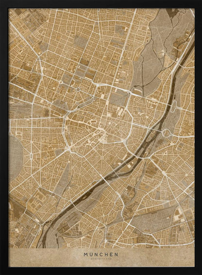 A vintage-style map of Munich, Germany, displayed in a black frame. The map is rendered in shades of brown and beige, with roads and rivers highlighted in white, creating a detailed and artistic representation of the city's layout. At the bottom, the words 'MÜNCHEN' and 'DEUTSCHLAND' are printed. Poster
