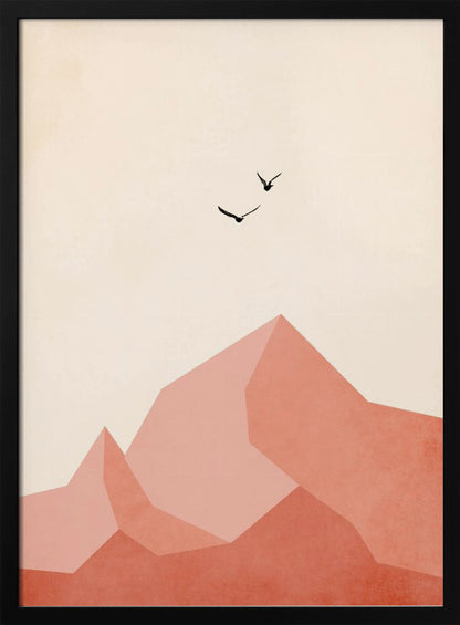 A minimalist framed artwork featuring geometric, faceted mountains in shades of pink and coral against a light cream sky. Two small black birds are shown flying above the peaks, creating a serene and modern nature scene. Wall Art
