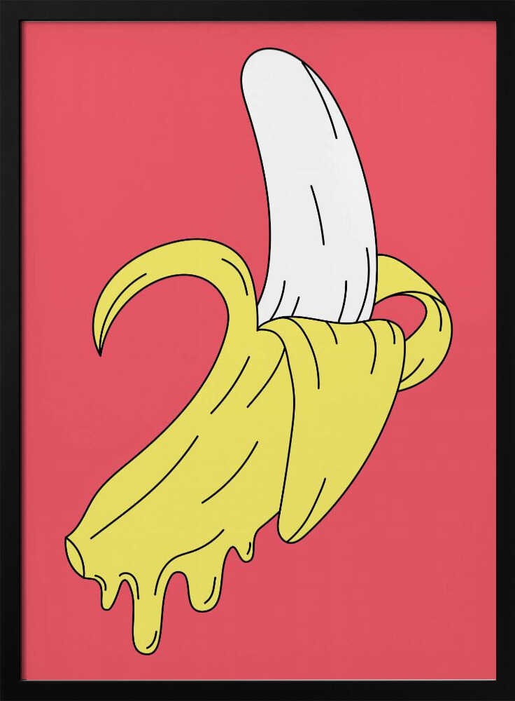 A pop art illustration of a melting, partially peeled banana against a solid pink background. The yellow peel drips down while the white fruit is exposed, all rendered in a bold, graphic style with black outlines. Decor