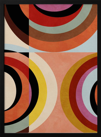 An abstract geometric artwork in a black frame, divided into quadrants. It features large, colorful concentric arcs in shades of orange, red, black, brown, and yellow, creating a dynamic and retro composition against a textured peach and off-white background. Artwork