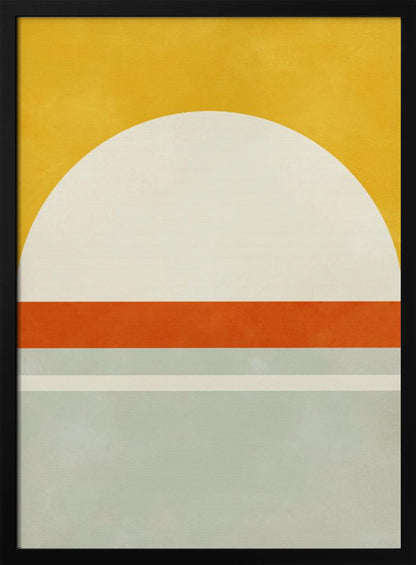 A framed abstract art print featuring geometric shapes. The top third is a solid golden yellow. Below it is a large off-white semicircle. A thick, vibrant orange stripe runs horizontally across the middle, and the bottom section consists of muted blue-grey and a thin off-white stripe, creating a minimalist landscape feel. Decor