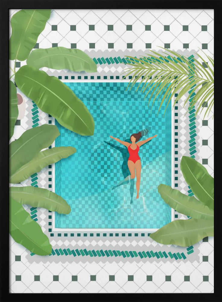 An aerial view illustration of a woman in a red swimsuit floating peacefully on her back in a bright turquoise swimming pool. The pool is surrounded by large green tropical leaves and a white tiled patio, all within a black frame. Wall Art