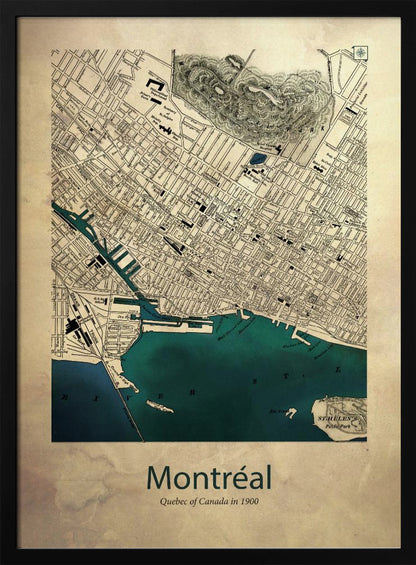 A vintage-style map of Montréal, Quebec from the year 1900, presented in a black frame. The map features a sepia-toned, aged paper texture, with black ink detailing the city's grid layout and landmarks. The St. Lawrence River and port area are highlighted in a deep teal color. At the bottom, the poster is titled 'Montréal' with the subtitle 'Quebec of Canada in 1900'. Artwork