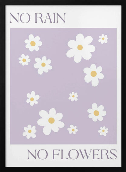 A modern art print with the phrase 'NO RAIN NO FLOWERS' split between the top and bottom. The center features a pattern of white daisies with yellow centers on a light purple background, all framed in black. Artwork