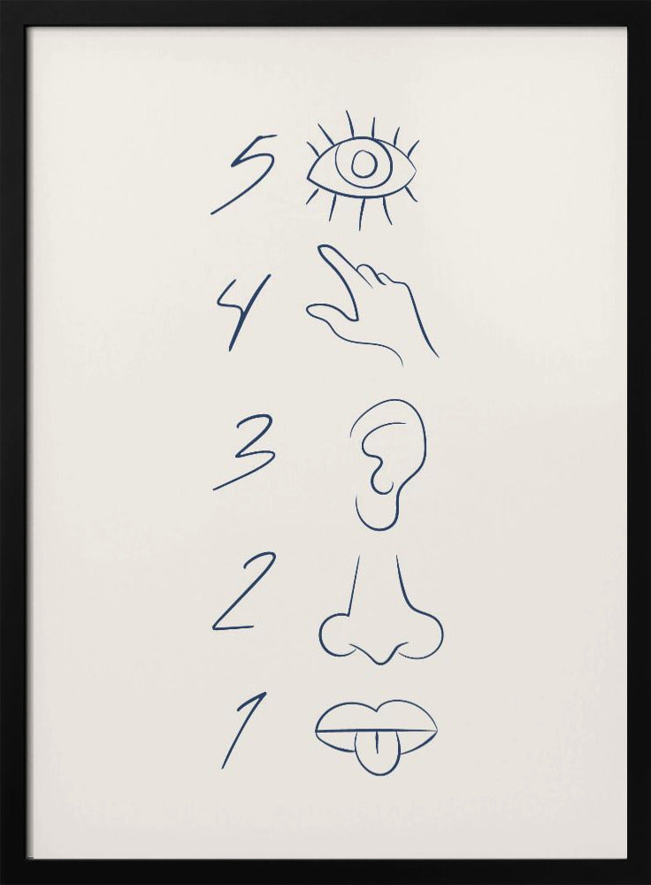 A minimalist line drawing in a black frame, featuring the numbers 5 through 1 in a vertical column. Beside each number is a corresponding sense organ: an eye for 5 (sight), a hand for 4 (touch), an ear for 3 (hearing), a nose for 2 (smell), and a mouth with a tongue out for 1 (taste). The art is drawn in dark blue on an off-white background. Artwork