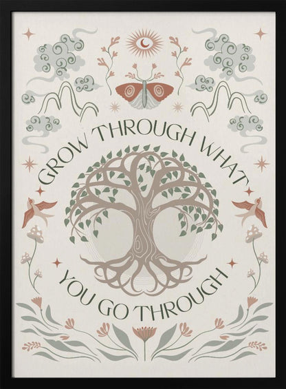 A bohemian-style inspirational poster with the quote 'Grow through what you go through' encircling a central Tree of Life. The artwork features mystical elements like a moth, sun, mountains, and birds in a muted color palette of sage green, dusty rose, and taupe on a cream background. Decor