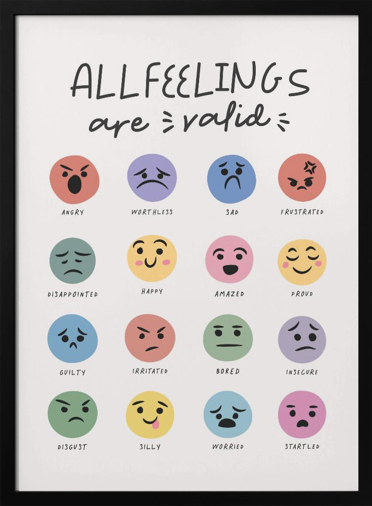 A framed poster titled 'ALL FEELINGS are valid' in a handwritten font. Below the title is a grid of 16 colorful circular emojis, each depicting a different emotion such as angry, happy, sad, and proud, with the name of the feeling written below each emoji. Wall Art