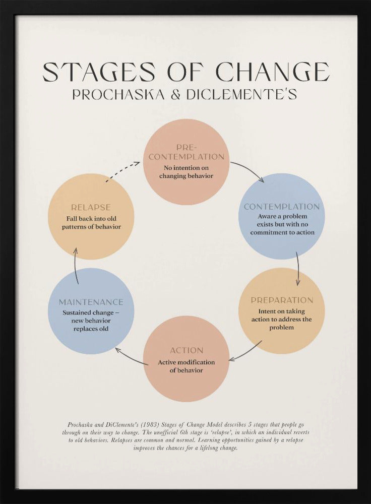 A framed educational poster illustrating Prochaska and DiClemente's 'Stages of Change' model. The poster features a circular flow chart with six colored circles representing Pre-contemplation, Contemplation, Preparation, Action, Maintenance, and Relapse, each with a brief explanation. The background is a light cream color. Print