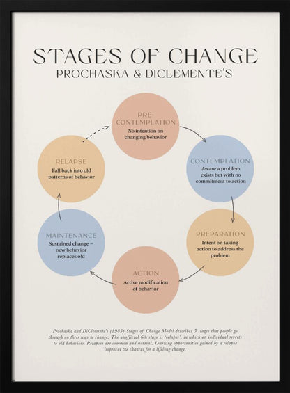 A framed educational poster illustrating Prochaska and DiClemente's 'Stages of Change' model. The poster features a circular flow chart with six colored circles representing Pre-contemplation, Contemplation, Preparation, Action, Maintenance, and Relapse, each with a brief explanation. The background is a light cream color. Print