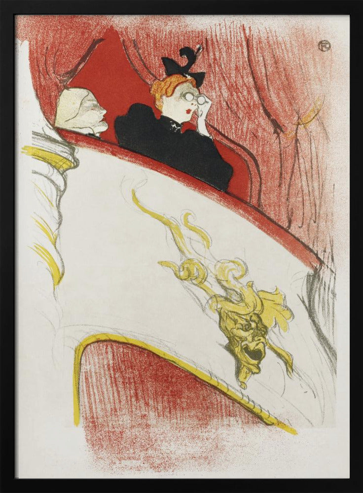 A vintage Art Nouveau illustration by Toulouse-Lautrec, 'La Loge au Mascaron Doré', depicting two women in a theater box. One woman with red hair and a black hat looks through opera glasses. The white box is adorned with a detailed golden grotesque mask, with red curtains in the background. The style is sketchy and expressive. Print