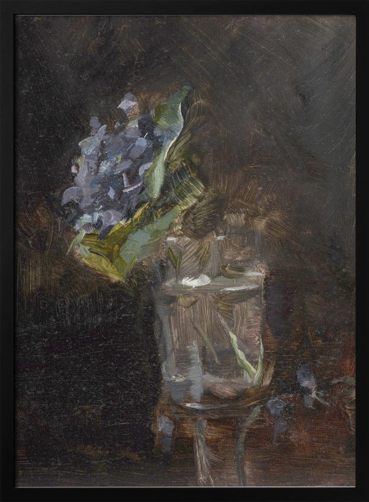 A moody, impressionistic still life oil painting of a cluster of purple flowers and green leaves in a clear glass of water, set against a dark, textured brown background. Wall Art