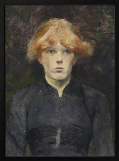 A painterly portrait of a young person with fair skin and striking reddish-blonde hair, looking directly at the viewer with a neutral expression. They are dressed in a simple, dark, high-collared garment against a dark, moody, and abstract background. Poster