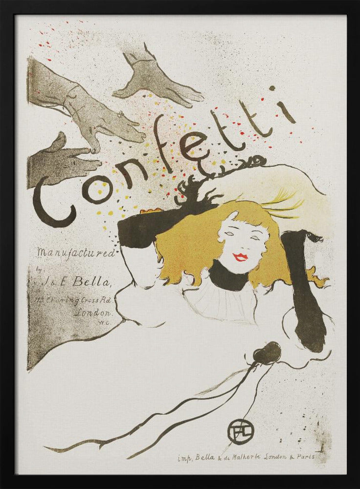 A vintage Art Nouveau poster by Henri de Toulouse-Lautrec advertising 'Confetti'. The illustration features a woman with blonde hair and red lipstick, wearing black gloves, looking up as hands above her shower her with colorful confetti. The background is a light cream color with black text. Poster