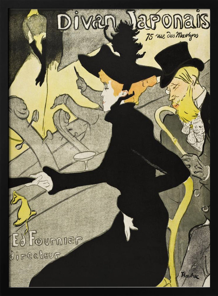 Vintage Art Nouveau poster by Henri de Toulouse-Lautrec for 'Divan Japonais'. It depicts elegant spectators, including Jane Avril in a striking black dress and hat, watching a performance by Yvette Guilbert on stage. The style features bold black outlines and a limited palette of yellow, black, and gray. Artwork