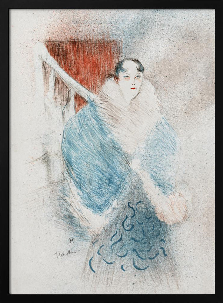 A vintage sketch-style artwork of a woman with dark hair and red lipstick, wearing an elegant, oversized blue coat with a large white fur collar. The background is muted with a prominent red rectangular shape. Artwork