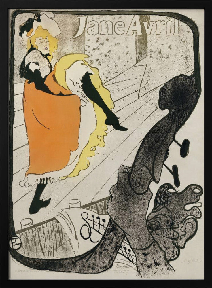 A vintage Art Nouveau poster by Henri de Toulouse-Lautrec for the dancer Jane Avril. It depicts her on a stage in a vibrant orange dress and yellow petticoat, kicking her leg high. The perspective is from the orchestra pit, with the neck of a double bass dominating the foreground. Artwork