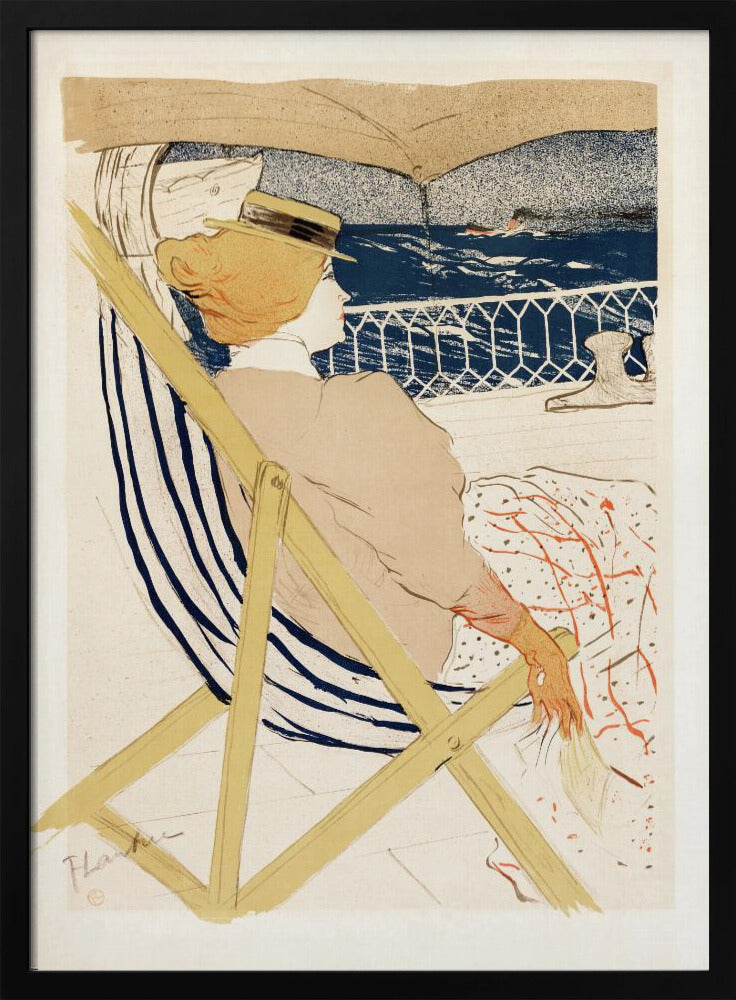 A vintage Art Nouveau print by Henri de Toulouse-Lautrec, 'The Passenger in Cabin 54', depicting a woman in a hat and beige dress, relaxing in a striped deck chair on a ship and gazing out at the deep blue ocean. Artwork
