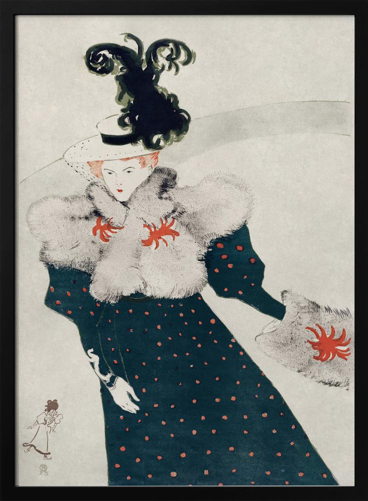 An Art Nouveau illustration of a woman in elegant finery. She wears a dark teal, red polka-dotted dress with a fluffy white fur stole and muff, both accented with red floral-like designs. Her white hat is adorned with a large, elaborate black plume. The background is a simple, light gray, emphasizing her fashionable silhouette. Artwork