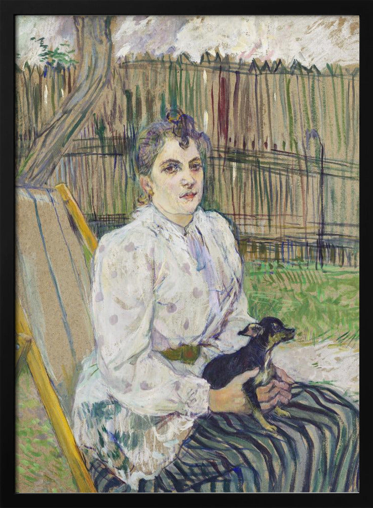 An impressionistic painting of a woman with her hair styled up, wearing a white polka-dot dress, sitting in a garden chair and holding a small black dog on her lap. Behind her is a tall wooden fence and trees. Print