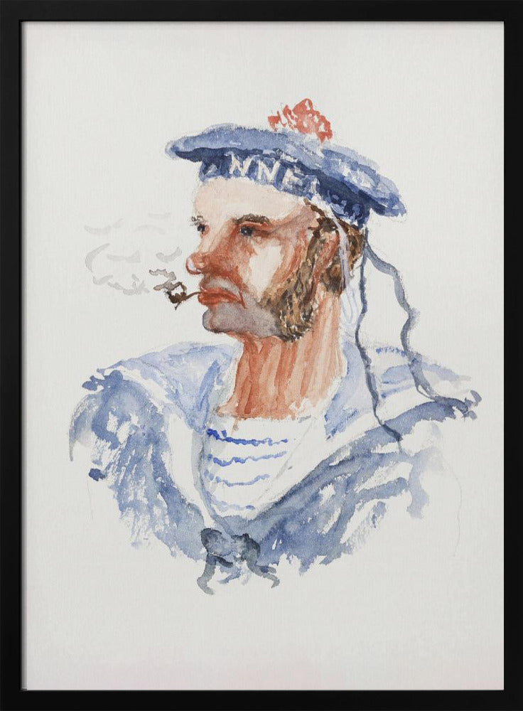 A watercolor portrait of a bearded sailor in profile, wearing a blue hat with a red pom-pom and a blue and white striped shirt. He is smoking a pipe, with wisps of smoke floating away, all set against a white background and enclosed in a black frame. Print