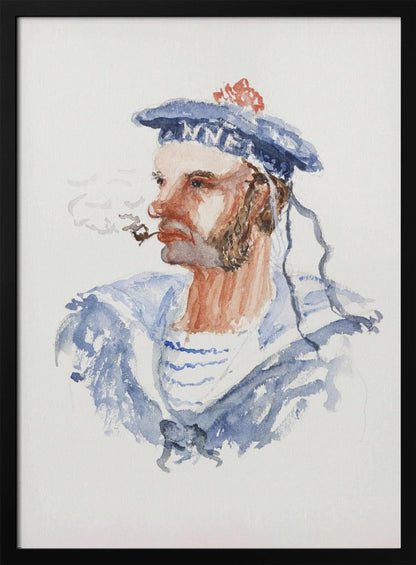 A watercolor portrait of a bearded sailor in profile, wearing a blue hat with a red pom-pom and a blue and white striped shirt. He is smoking a pipe, with wisps of smoke floating away, all set against a white background and enclosed in a black frame. Print