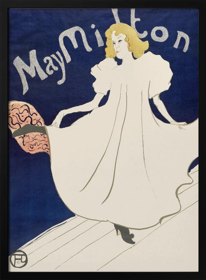 An Art Nouveau poster by Henri de Toulouse-Lautrec for the dancer May Milton. A blonde woman in a voluminous white dress stands on a stage against a deep blue background, looking back at the viewer. She lifts her skirt to reveal a pink and black lining. The name 'May Milton' is written in a stylized silver font. Wall Art