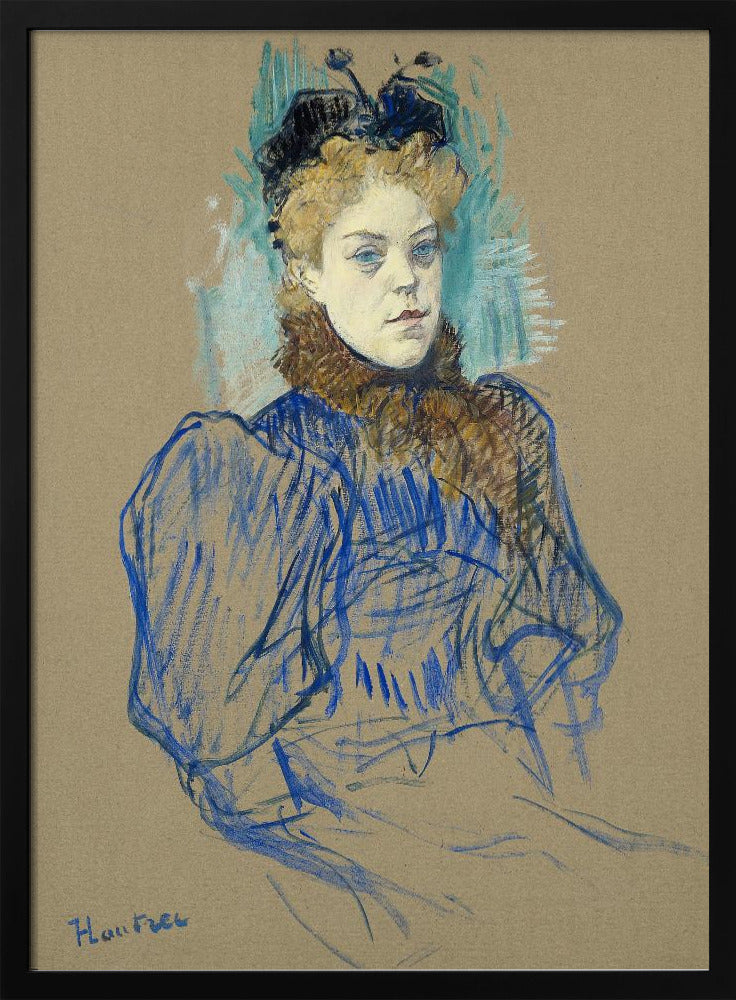 A portrait sketch by Henri de Toulouse-Lautrec of a woman with curly blonde hair and a black hat. She wears a blue dress with large sleeves and a brown fur collar, rendered in expressive pastel strokes on tan paper. Wall Art