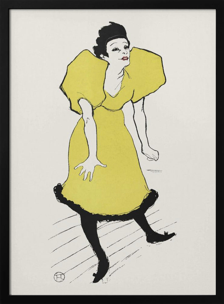 A vintage poster by Henri de Toulouse-Lautrec titled 'Yvette Guilbert', featuring a stylized illustration of the French singer. She is depicted wearing a bright yellow dress with voluminous puff sleeves and black stockings, leaning forward with a whimsical expression against a plain off-white background. The artwork is framed in black. Poster