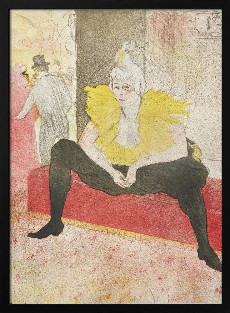 A vintage artwork by Henri de Toulouse-Lautrec featuring a female clown, Mademoiselle Cha-u-kao, seated on a red bench. She wears a vibrant yellow ruffled collar and black leggings, with a pensive expression on her face. The background depicts a bustling cabaret scene. Artwork