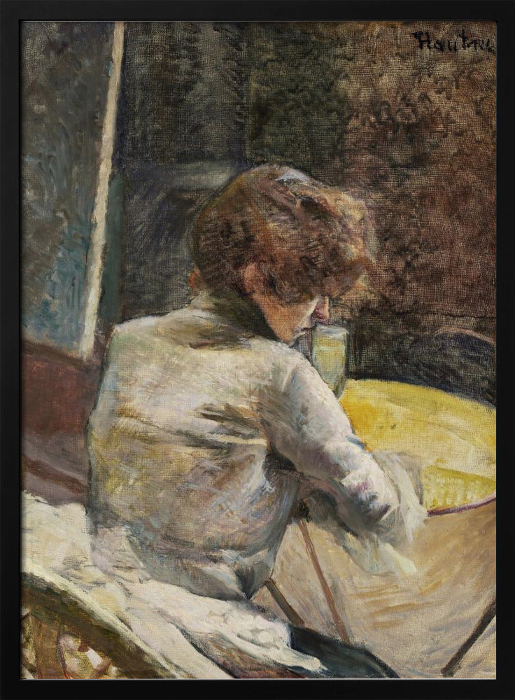 An oil painting in a Post-Impressionist style depicting a woman with reddish-brown hair, seen from behind. She is wearing a white blouse and is seated at a yellow table, leaning forward to look at her drink. The background is dark and textured, and the artist's signature is in the top right. Wall Art