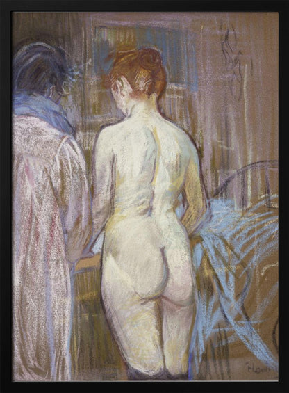 A pastel artwork by Henri de Toulouse-Lautrec, 'Rousse (La Toilette)', depicting a nude woman with red hair from the back. Beside her stands a clothed figure. The scene is rendered in soft, blended strokes of brown, beige, pink, and blue, creating an intimate, impressionistic atmosphere. Wall Art