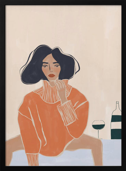 A stylized illustration of a woman with dark wavy hair and red lips, wearing an oversized orange turtleneck sweater. She sits at a light blue table, gazing forward with one hand near her chin. Beside her are a glass and a bottle of wine. The background is a solid cream color. Decor