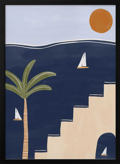 Abstract coastal art with sailboats on a dark blue sea, a palm tree, and beige stairs under a warm sun.