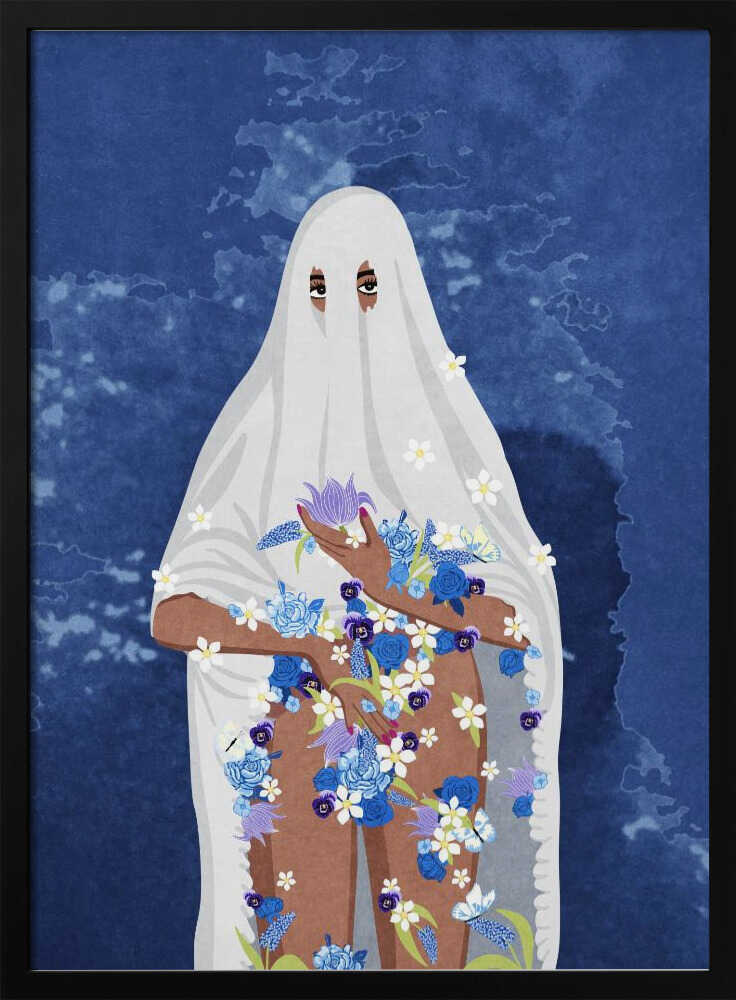 An illustration of a person with brown skin wearing a white ghost sheet against a deep blue, textured background. Their eyes peek through holes in the sheet, and their arms and legs are adorned with a cascade of blue, purple, and white flowers. Wall Art