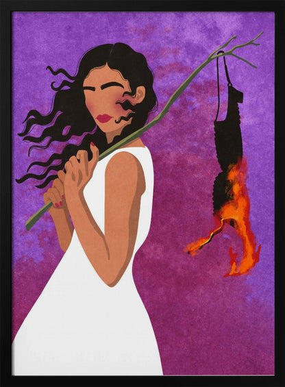 A graphic illustration of a woman with long, dark hair in a white dress, set against a vibrant purple background. She holds a branch over her shoulder from which a black object, possibly a bra, hangs and burns with bright orange flames. Artwork