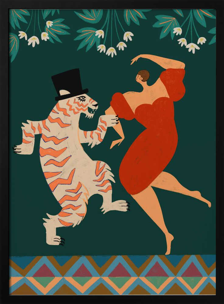 A whimsical illustration of a woman in a flowing red dress dancing with a cartoonish tiger wearing a black top hat. The background is a solid dark green with stylized white flowers and leaves at the top, and a colorful geometric pattern at the bottom. Artwork